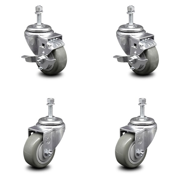 Service Caster 3.5 Inch Gray Polyurethane Swivel 3/8 Inch Threaded Stem Caster Brakes SCC, 2PK SCC-TS20S3514-PPUB-TLB-381615-2-S-2 - main